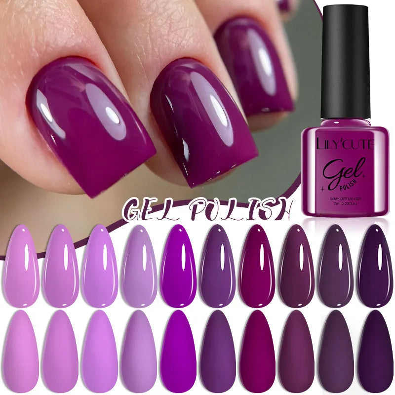 Set of twenty bottles of UV gel nail polish in solid and glitter colours for nail art.