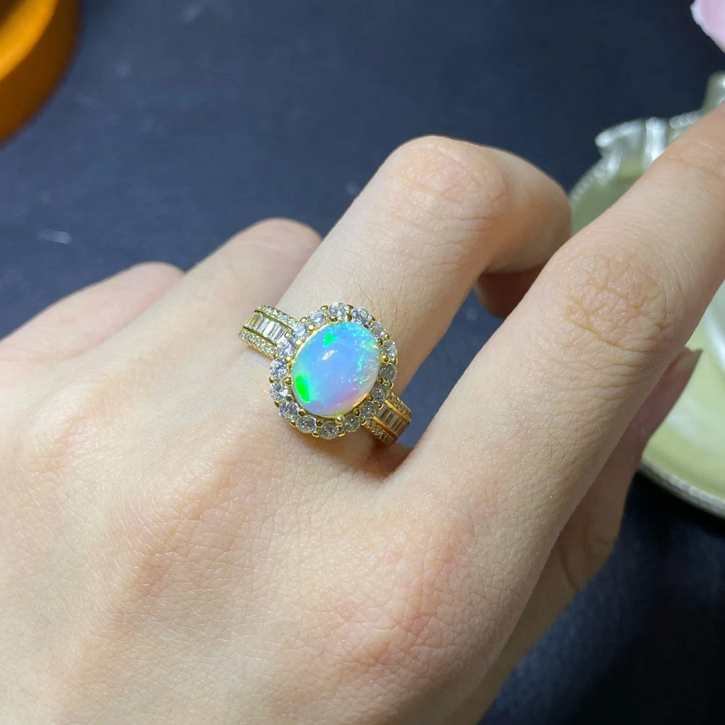 Natural opal stone ring in sterling silver with gold plating on open band