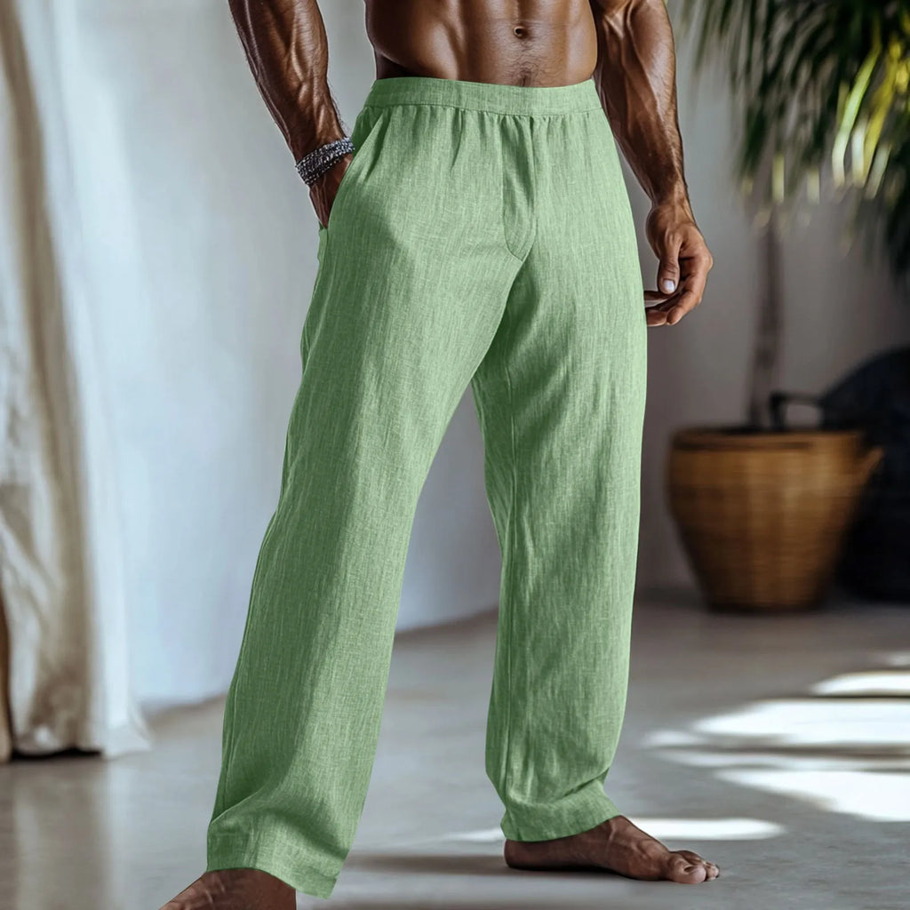 Cotton and linen straight-leg casual trousers in light green colour with pockets