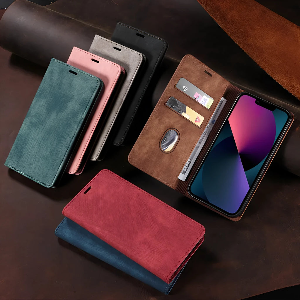 Magnetic flip leather phone case for iPhone in various solid colours showing front closure.