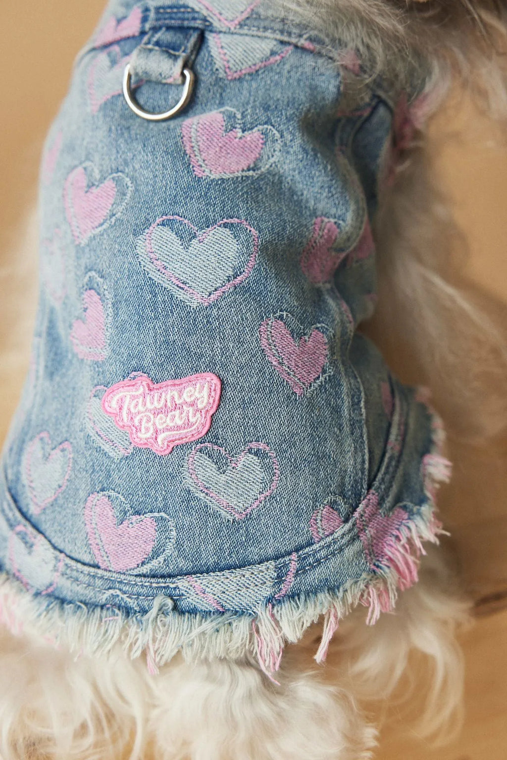 Denim sleeveless dog vest with distressed love design, casual style, available in multiple sizes from XS to XXL.