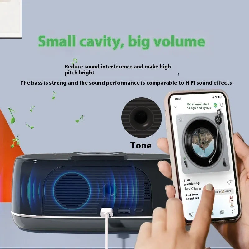 Deep black Bluetooth audio subwoofer with wireless charging pad and colourful light display
