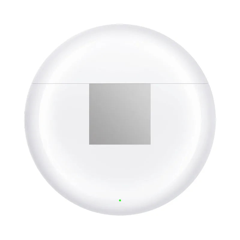 White wireless Bluetooth earbuds with a semi-in-ear design and their matching charging case on a table.