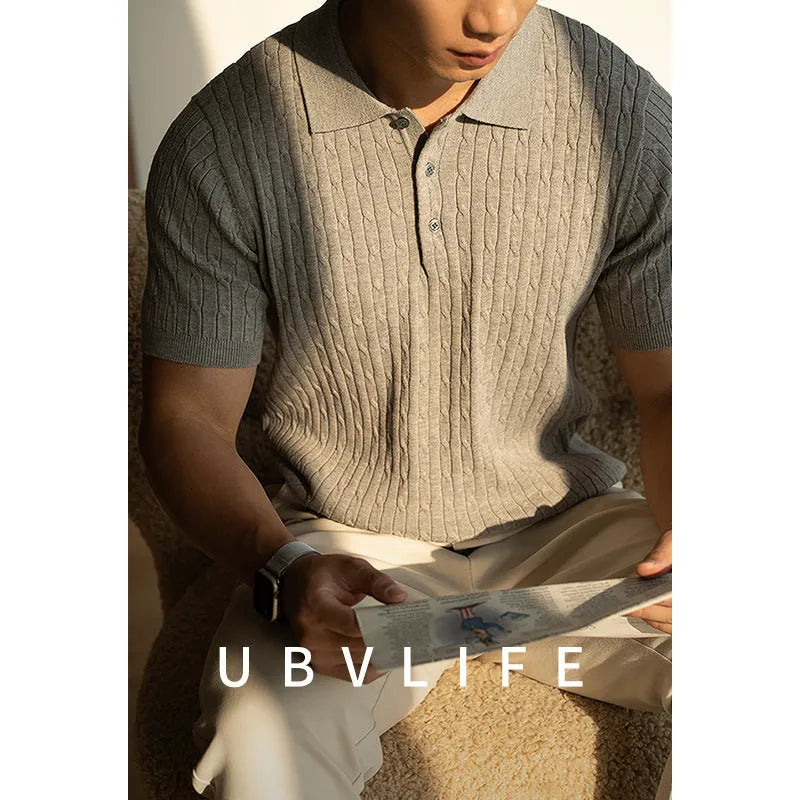 Man's short-sleeve business top in khaki, black, or white, featuring a mixed fabric blend for office wear.