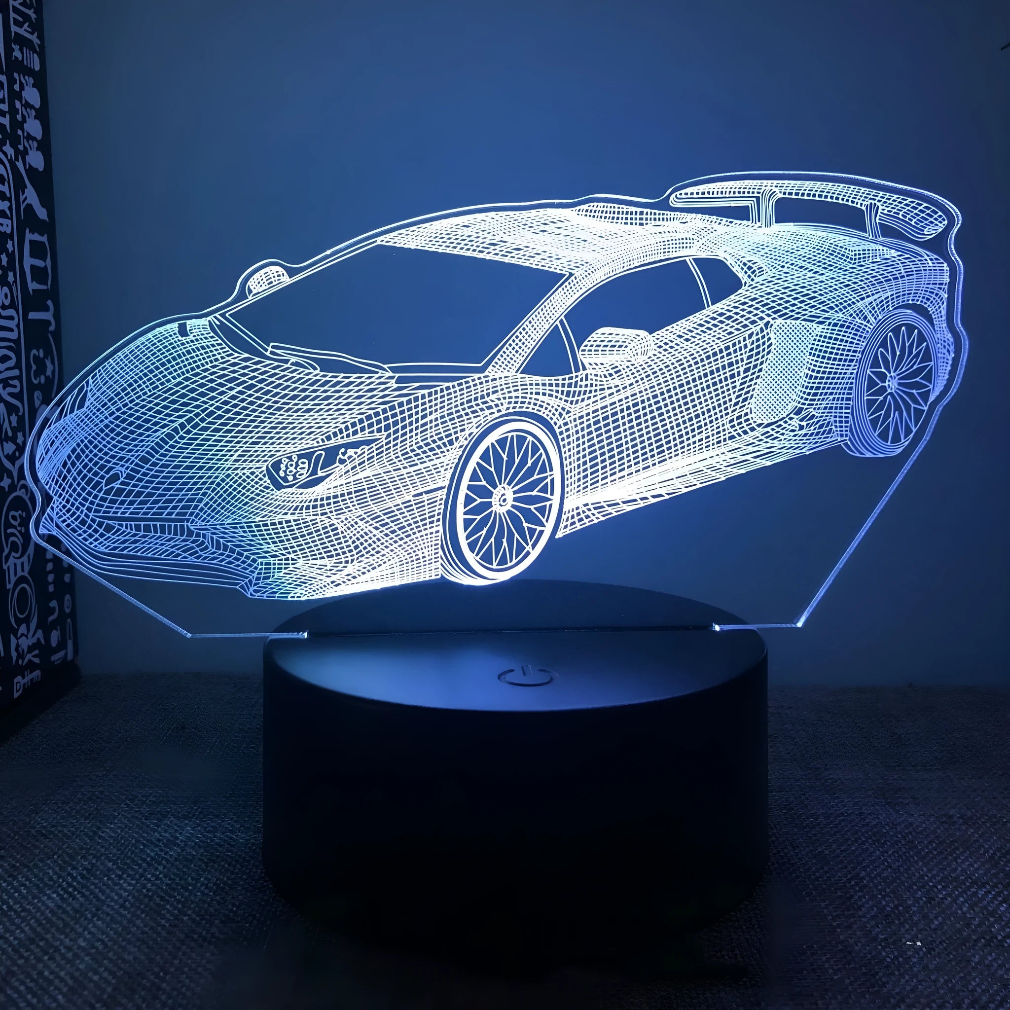 Sports car-shaped USB bedside lamp with touch remote control showing 16 colour options