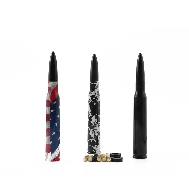 14cm long bullet-shaped car antenna in camouflage green, black, and American flag designs