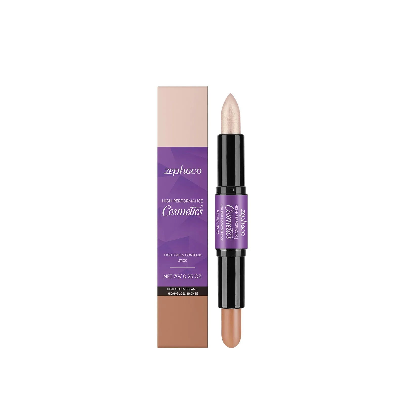 Dual-ended cream highlight and contour makeup stick in three shade styles