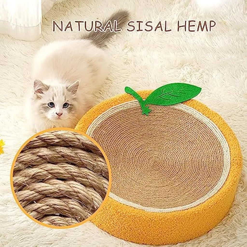 Yellow round sisal cat scratching board with fruity design, serving as both a scratching surface and a cat bed.