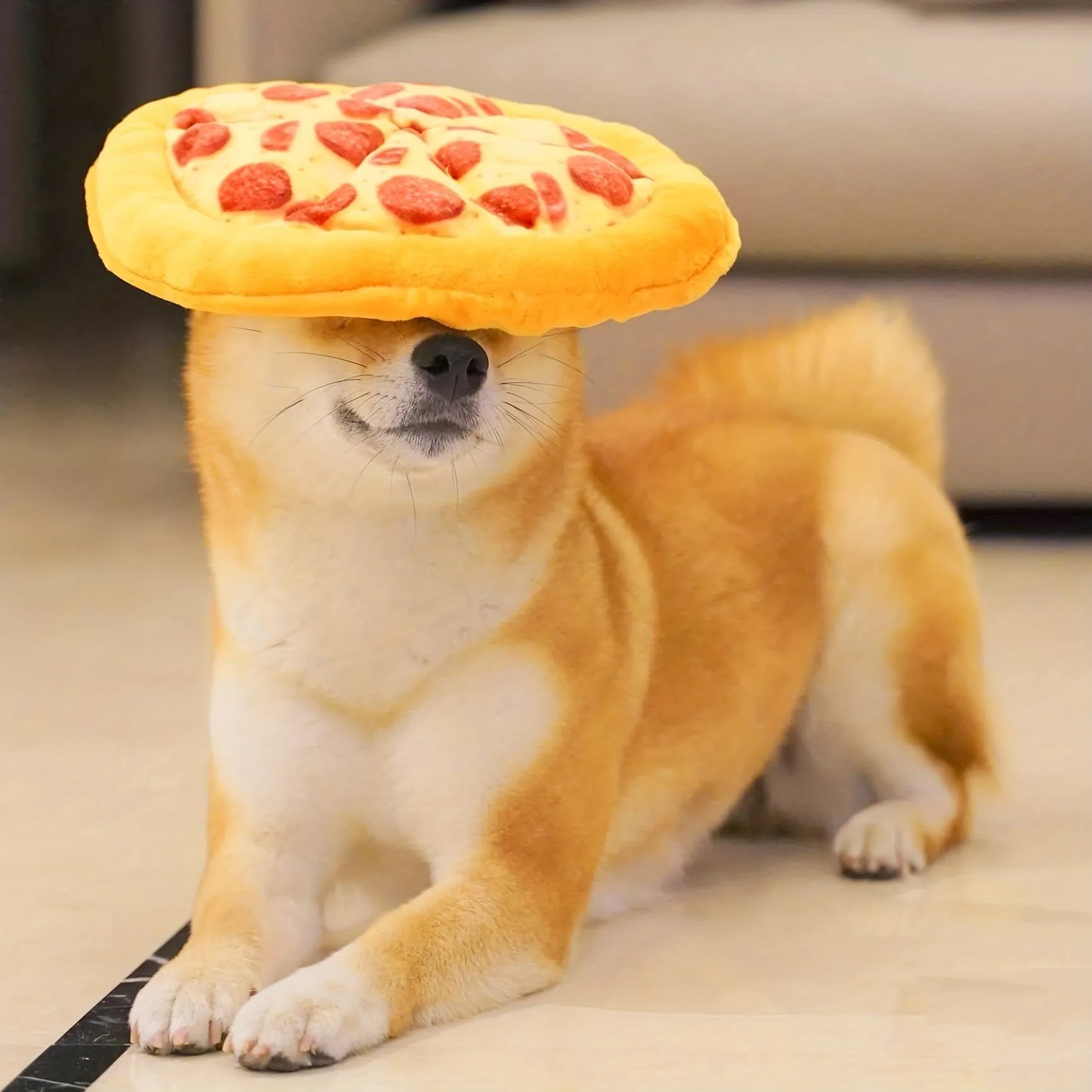 Yellow rubber pizza-shaped dog chew toy with squeaker for interactive play.