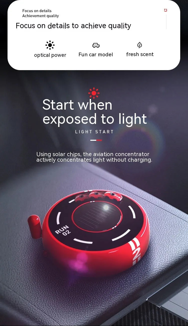 Round solar-powered car aromatherapy decoration with ambient light in black, red, or white colours