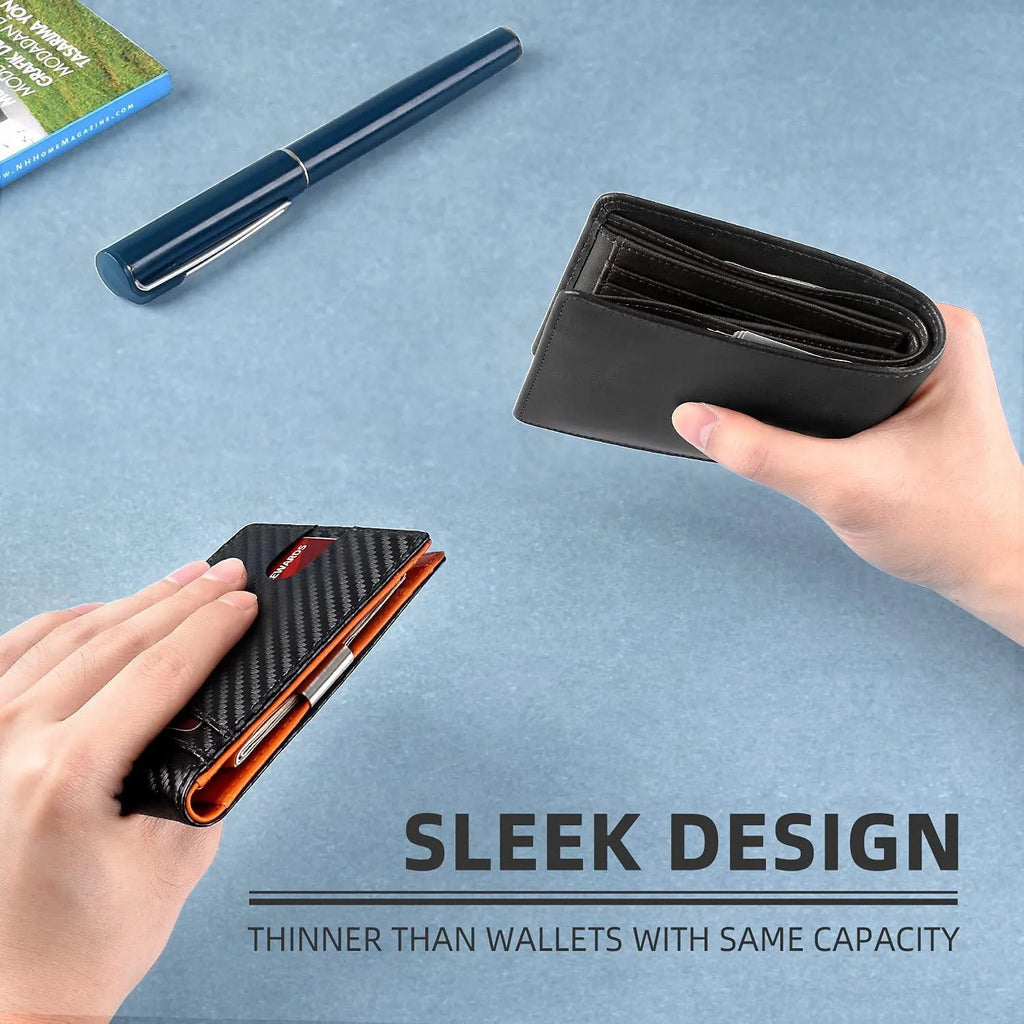 PU leather RFID anti-theft wallet with multiple card slots in carbon fibre black, measuring 11 x 7.9 cm