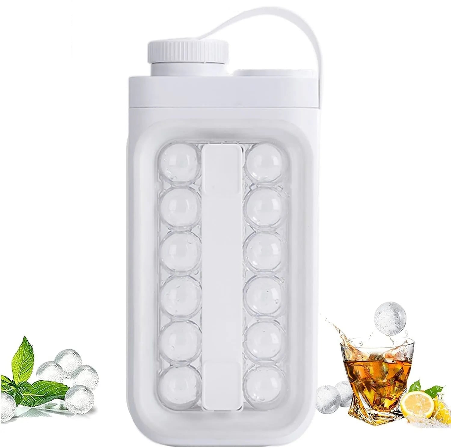 Light blue and white 2-in-1 ice ball maker and cold drink kettle showing 17 ball capacity