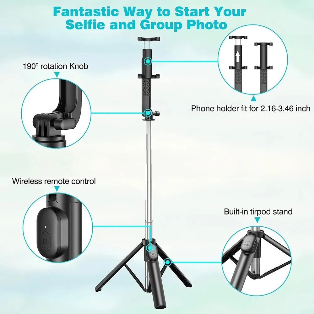 Black extendable selfie stick tripod with wireless remote and phone holder