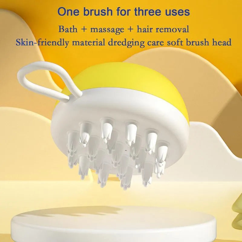 Blue dog shampoo brush with silicone massage points on head and ergonomic handle for bath time washing.