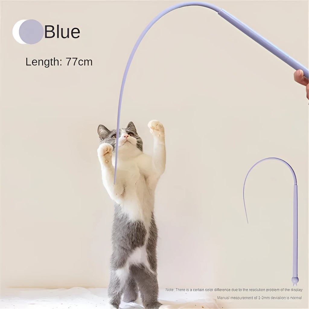 Simulated mouse tail cat toy with blue silicone tail and cat head handle