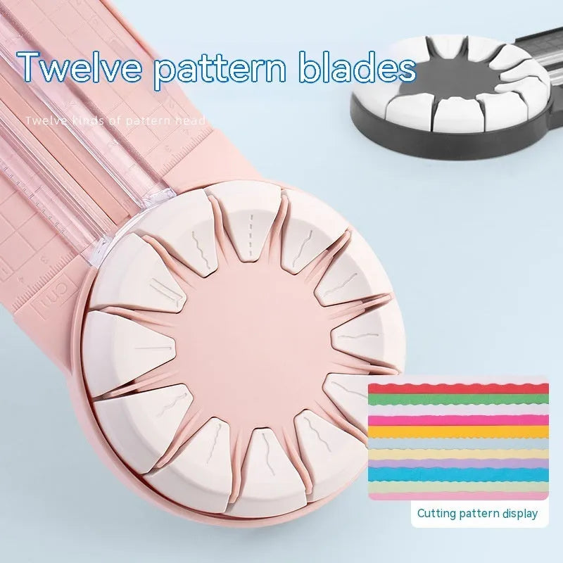 Pink and black 12-in-1 multifunctional plastic paper cutting machine on a desk
