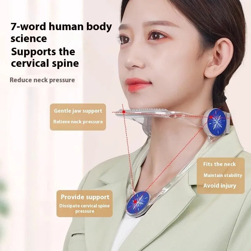 Adjustable neck brace for adults and children in blue, pink, and transparent colours.