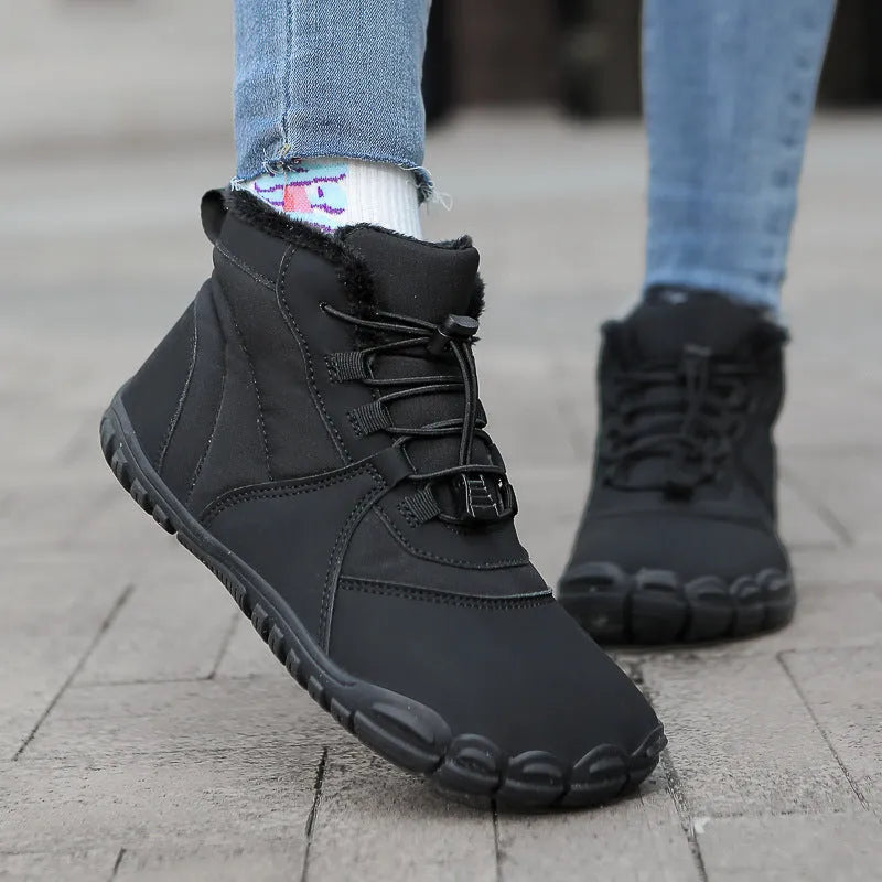 Outdoor snow boots in black, pink, or khaki with front lace-up, round toe, and low heel.