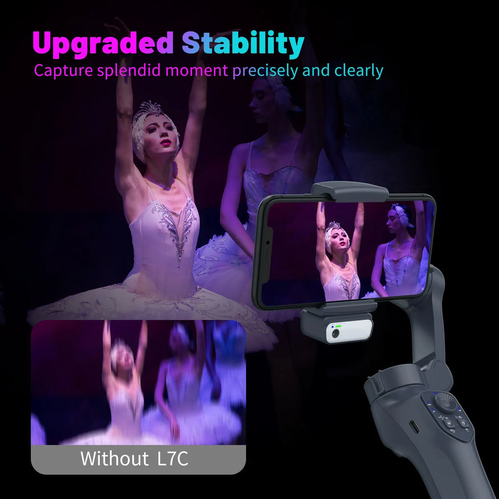 Foldable handheld smartphone video stabiliser gimbal in gun colour with USB charging port.