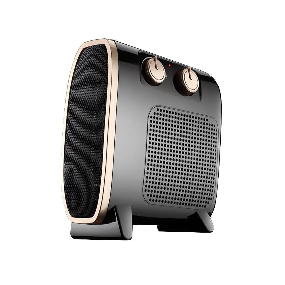 Small white and black gold electric heater fan with mechanical controls for spaces up to 20 square metres