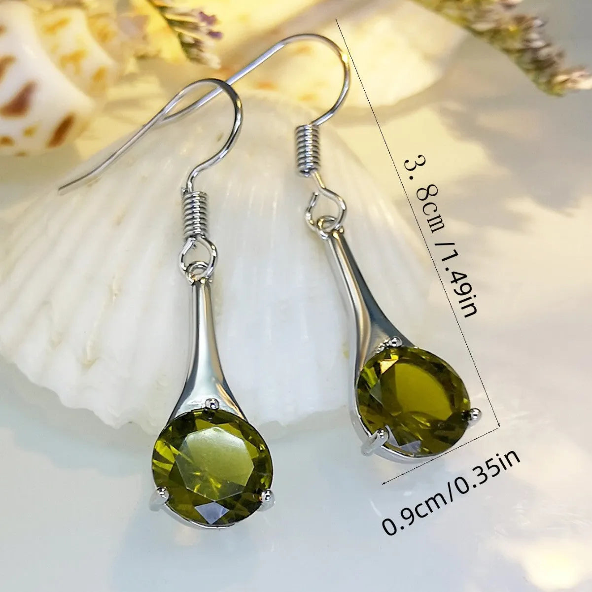 Women's olive green topaz earrings with water drop shape and retro minimalist design