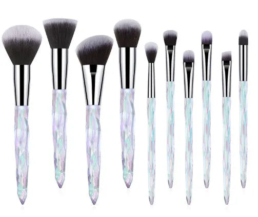 10 crystal-handle foundation brushes with artificial fibre bristles in four colour options