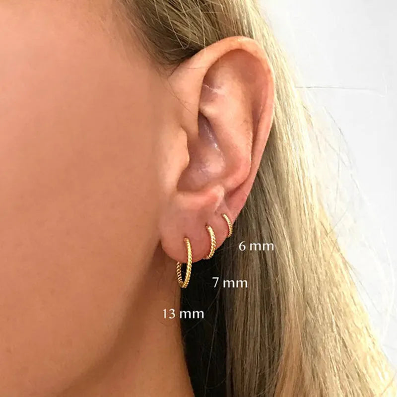 S925 sterling silver twisted string round ring earrings in gold or platinum colours, available in 6mm 7mm 8mm 13mm sizes