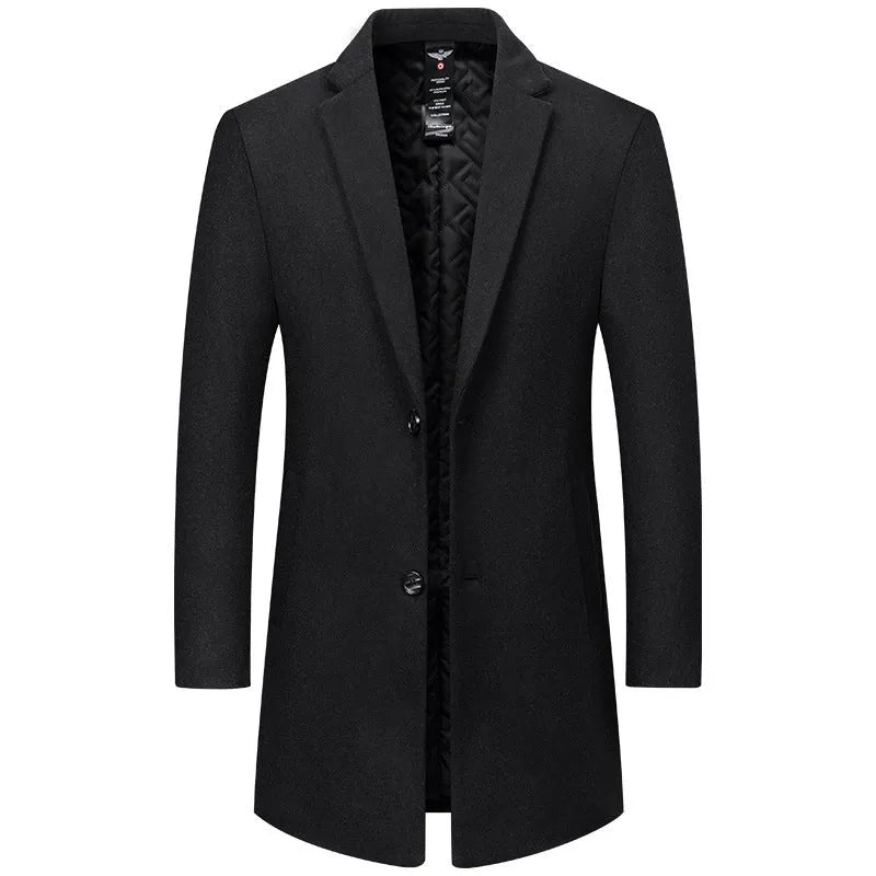 Men's autumn winter woolen coat thickening light business overcoat black notch lapel long sleeves