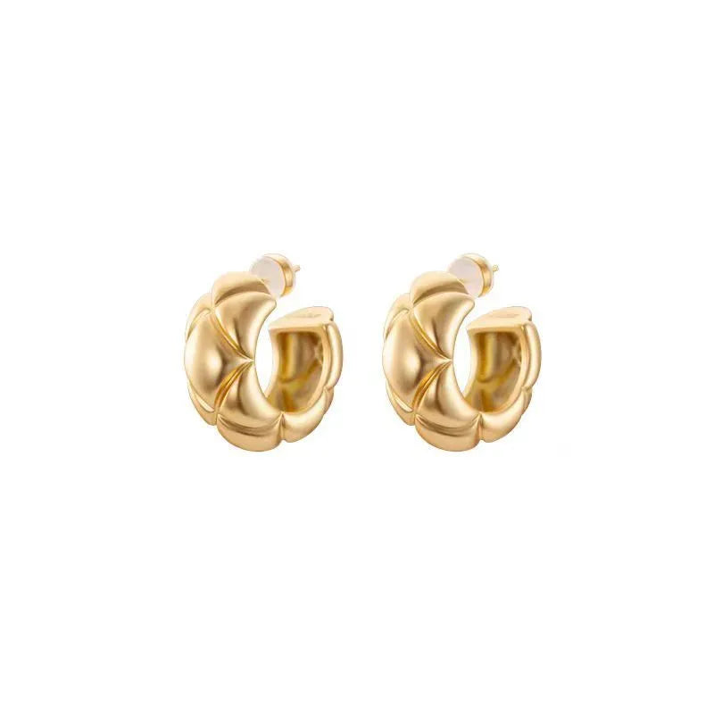 Gold plated copper stud earrings with geometric diamond lattice design, 24mm diameter, for women