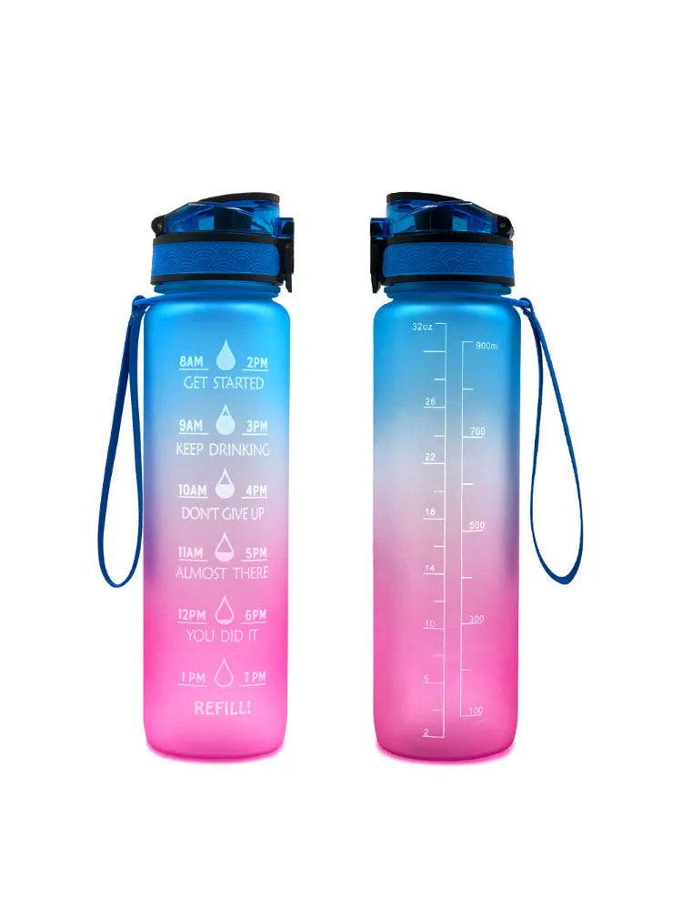 Clear plastic 1000ml sports water bottle with coloured lid and a fruit infuser straw inside.