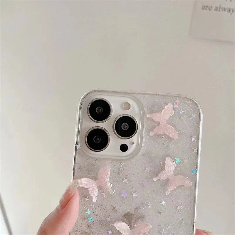 Butterfly pink ins style phone case with transparent TPU soft shell and 3D butterfly design for iPhone.