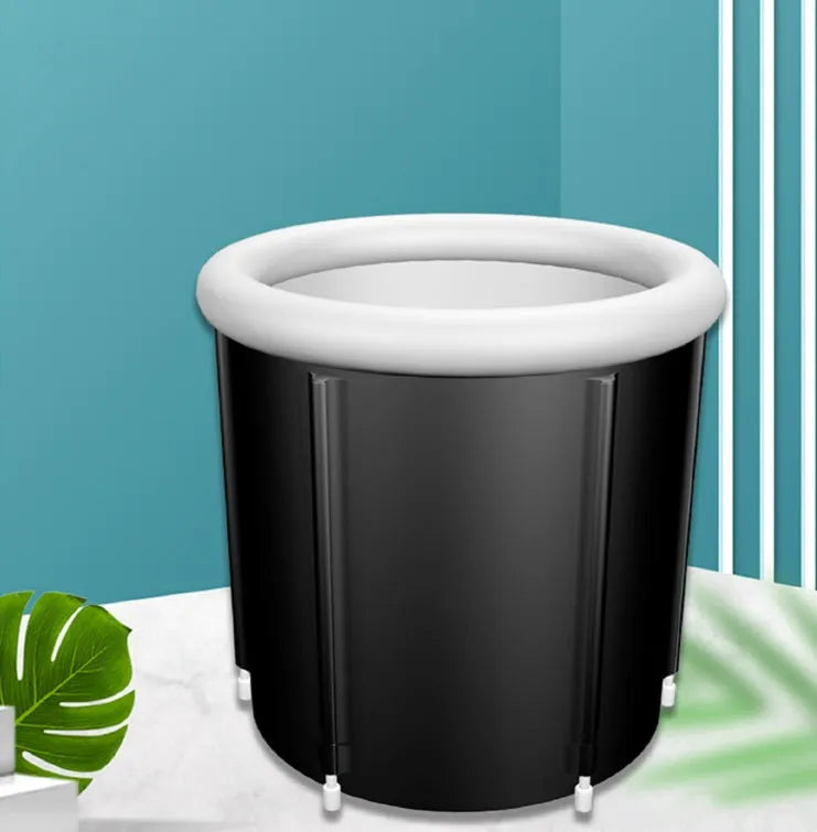 Black inflatable portable ice bath tub with insulation, shown with weather lid and pump.