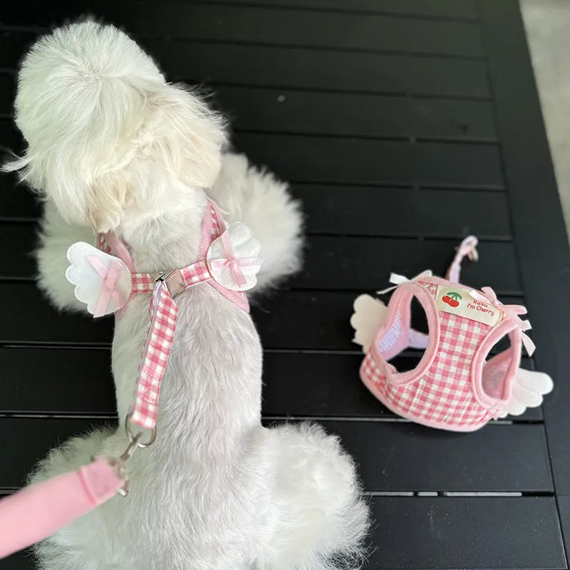 Pink and black cotton chest and back hand holding rope for a small dog on a walk.