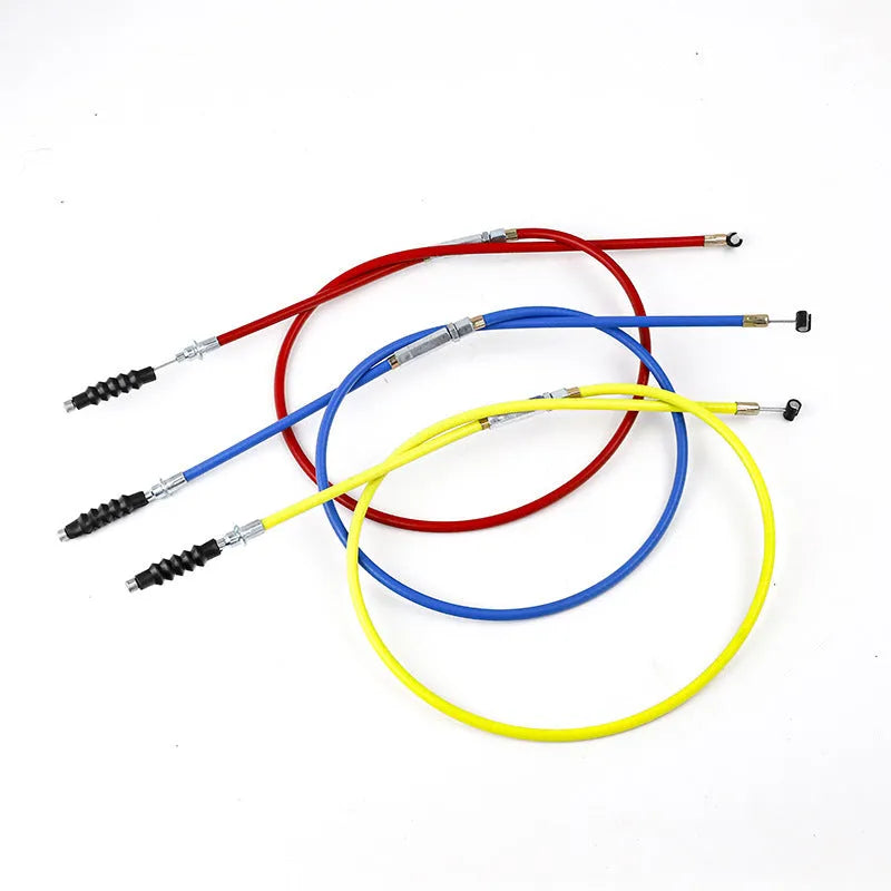 Scramble motorcycle clutch and accelerator cable set in four colour options: black, blue, red, yellow.