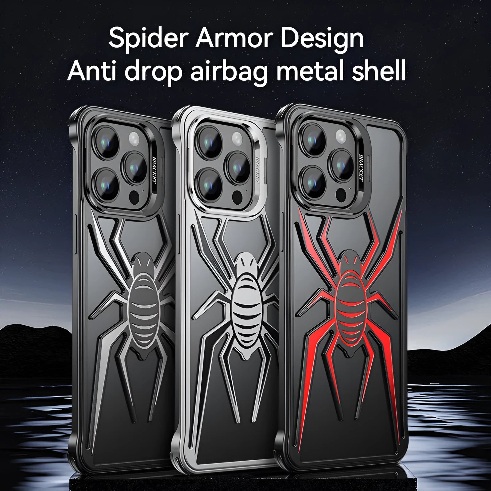 Frameless airbag drop-resistant metal phone case for iPhone, black, half pack style with hollow design.