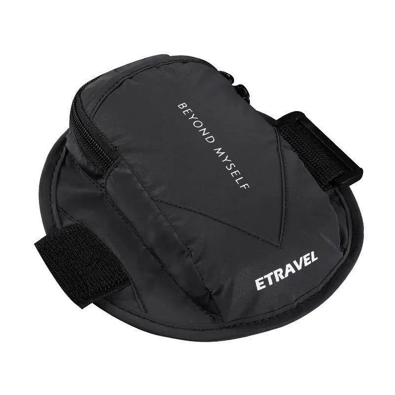 Lightweight reflective running arm bag in black, showing the strap and 7-inch capacity pocket.