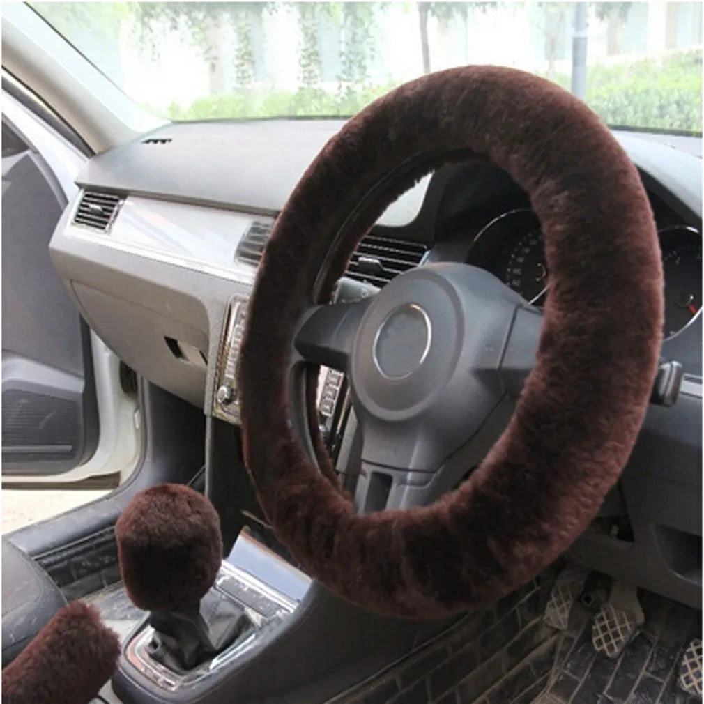 Plush car steering wheel cover set with matching handle sleeves and gear shift knob cover in beige colour