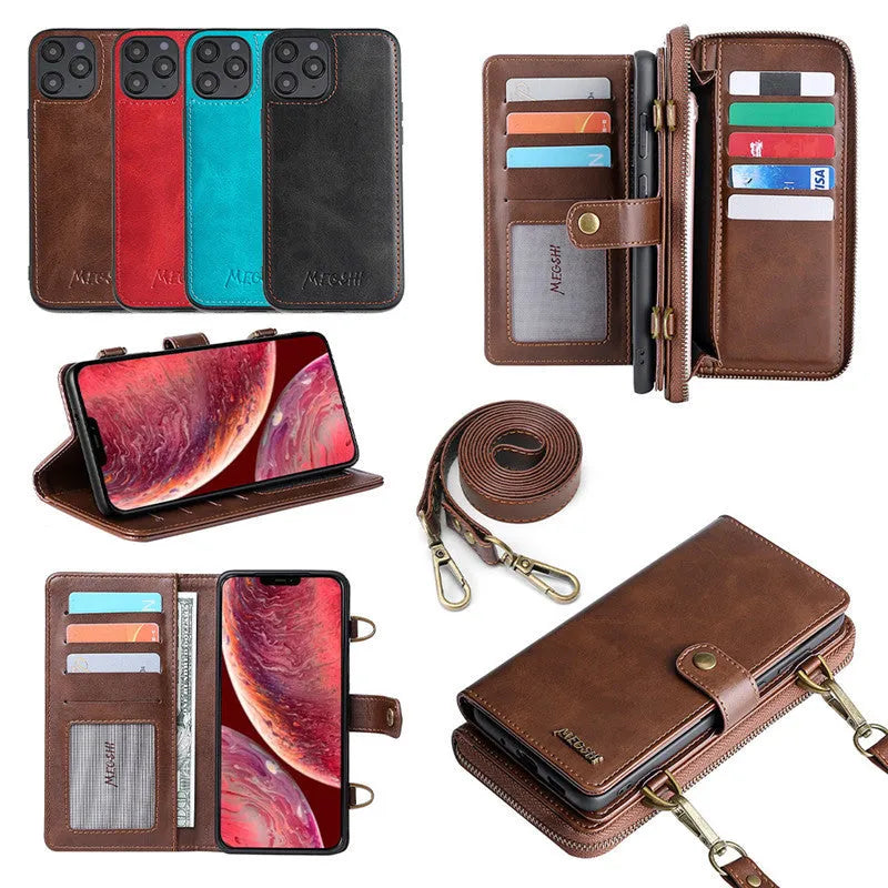 Detachable wallet backpack phone case with leather flip closure in black, blue, brown, or red colours