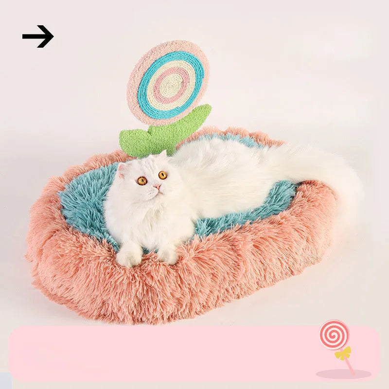 Pink elliptical plush cat nest bed with a soft padded base, shown disassembled.