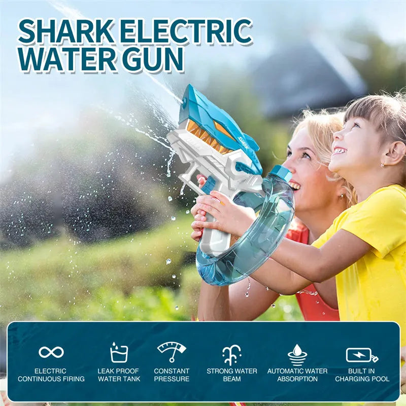 Blue Shark electric water gun toy with large tank for automatic continuous water fire