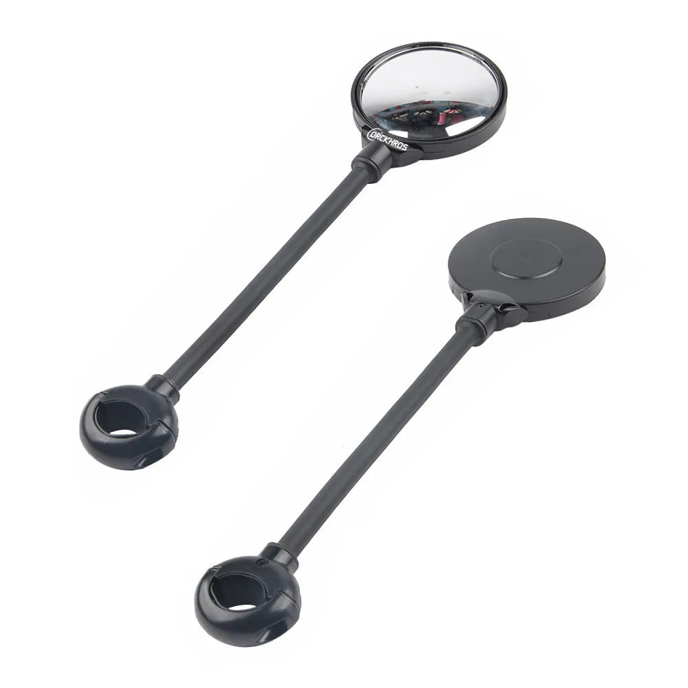 Black metal bicycle rearview mirror with adjustable hose-clamp mount and integrated reflector