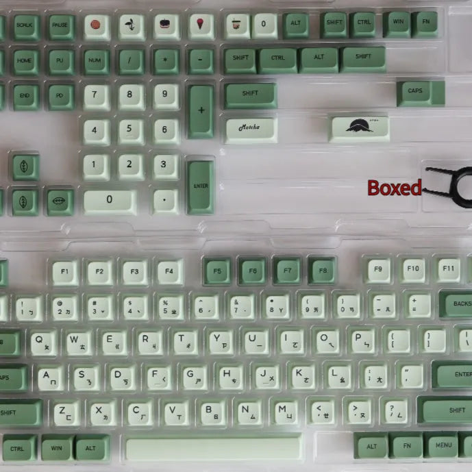 Set of 124 matcha green PBT keycaps with white legends for a mechanical keyboard