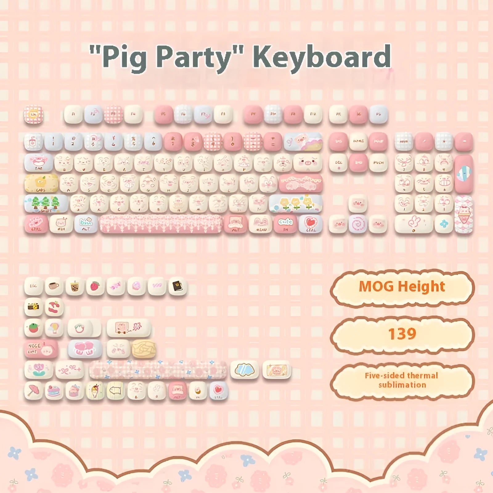 Sublimation printed cartoon pig party theme keycap set for mechanical keyboards with 139 keys
