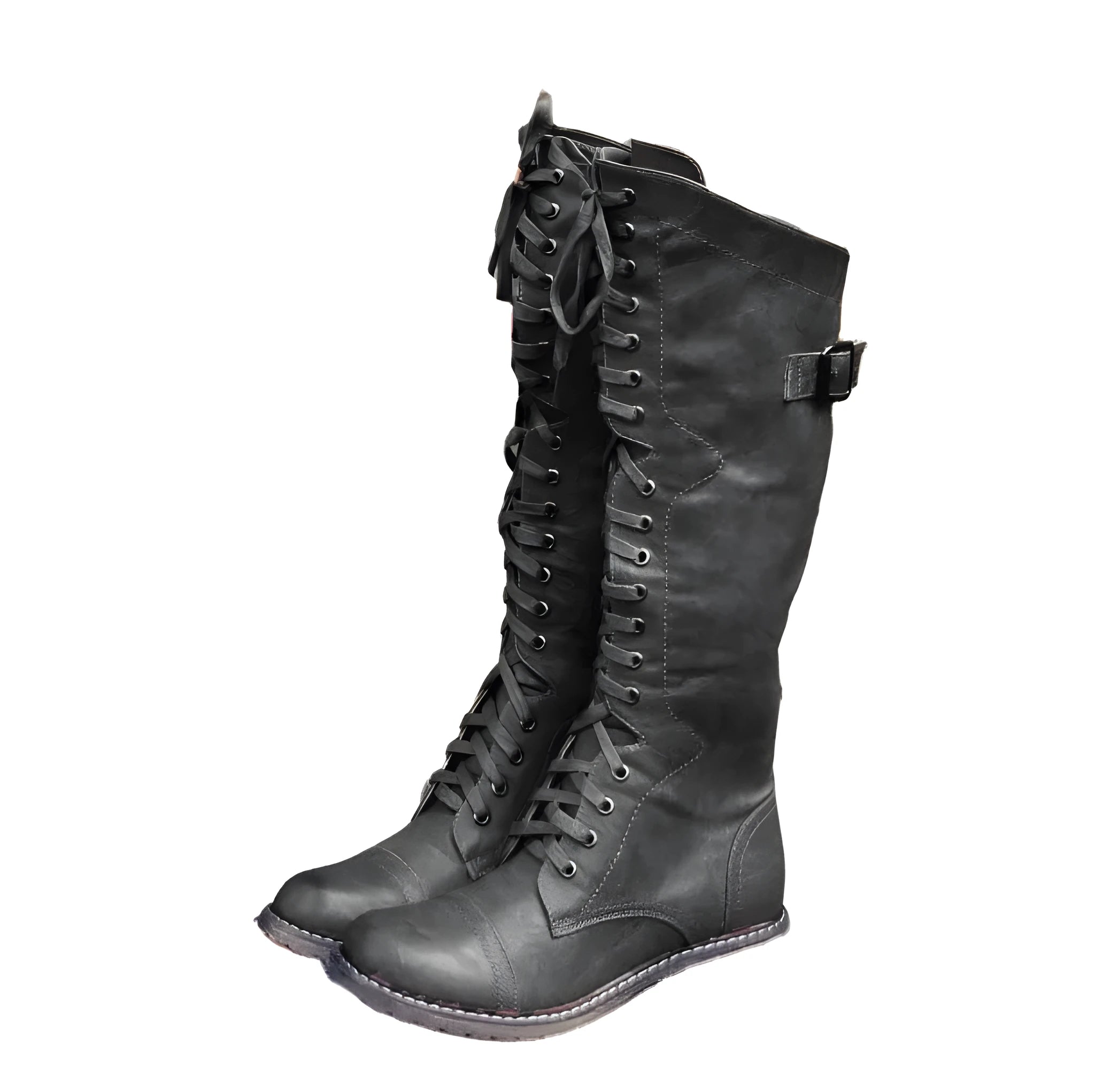 Women's black cross strap knight boots made from artificial PU, showing the strap detail and ankle height