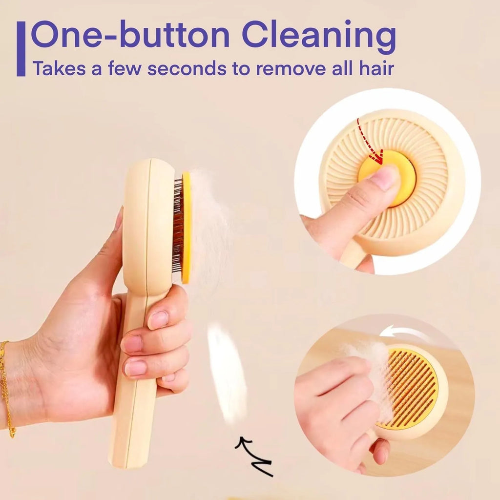 Blue and yellow pet grooming brush with angled metal needles and a self-cleaning button on the handle.
