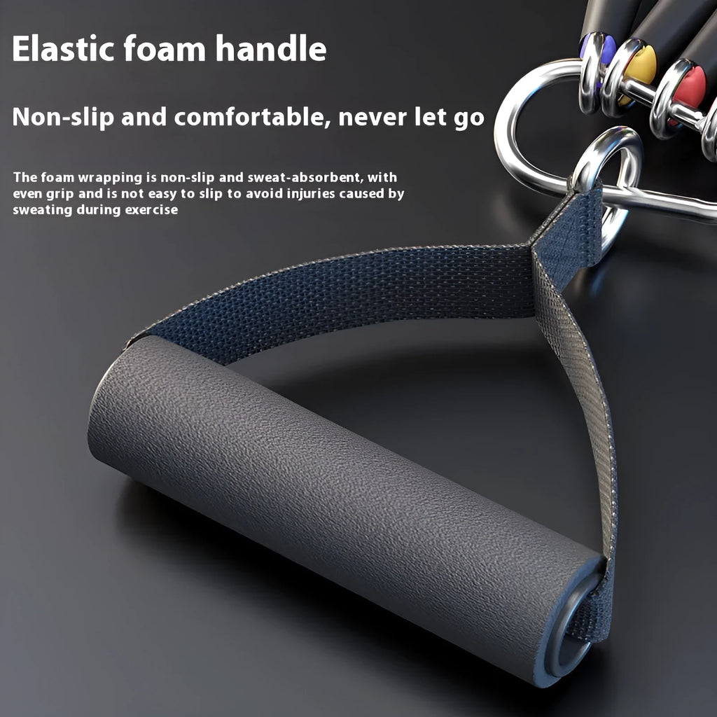 Multifunctional training pulling rope set with grey TPE elastic ropes, handles, and door buckle for home chest expansion workouts