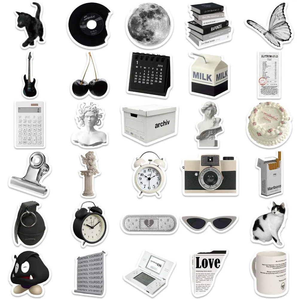 61 black and white waterproof PVC stickers for laptop and phone decoration.