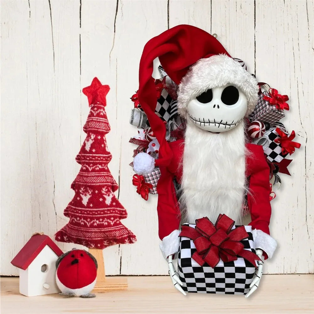Christmas Jack doll garland in cartoon style made from wooden and cloth materials for holiday window display