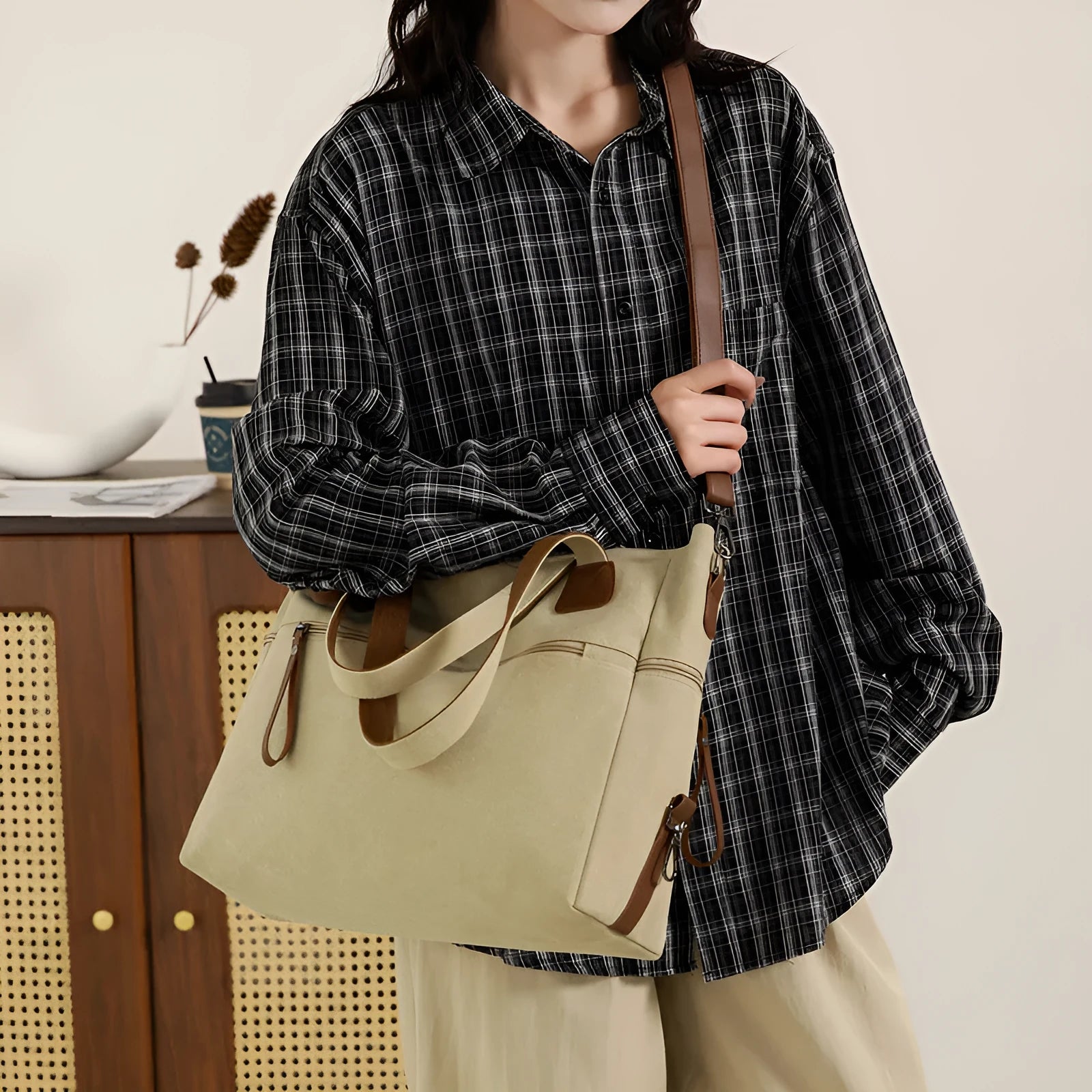 Horizontal square retro canvas bag for women in gray, black, brown, or khaki with internal organisation pockets