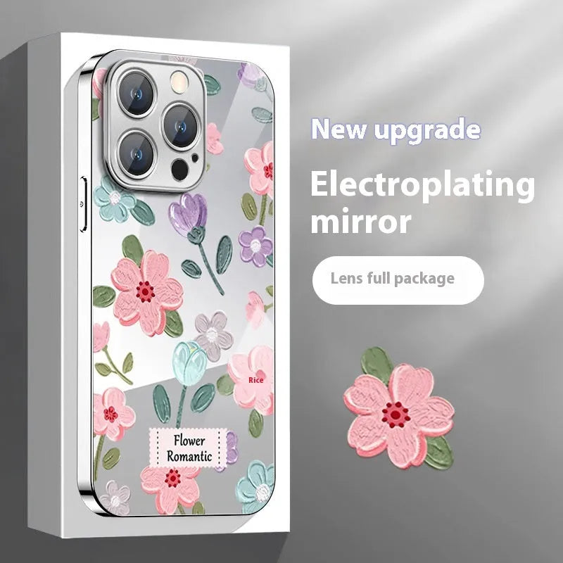 Ins oil painting flower mirror phone case in silver gray electroplated glass for Apple iPhone